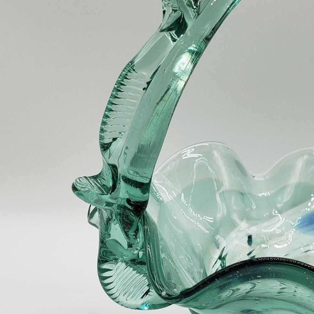 Teal White Blue Vintage Art Glass Ruffled Waffle Fruit Basket with Handle - Picture 2 of 15